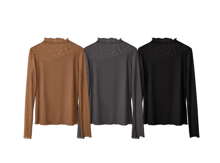 Women’s Mesh Half-High Neck Slim T-Shirt – Retro Office Spring Top