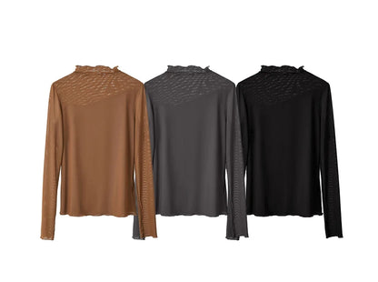 Women’s Mesh Half-High Neck Slim T-Shirt – Retro Office Spring Top