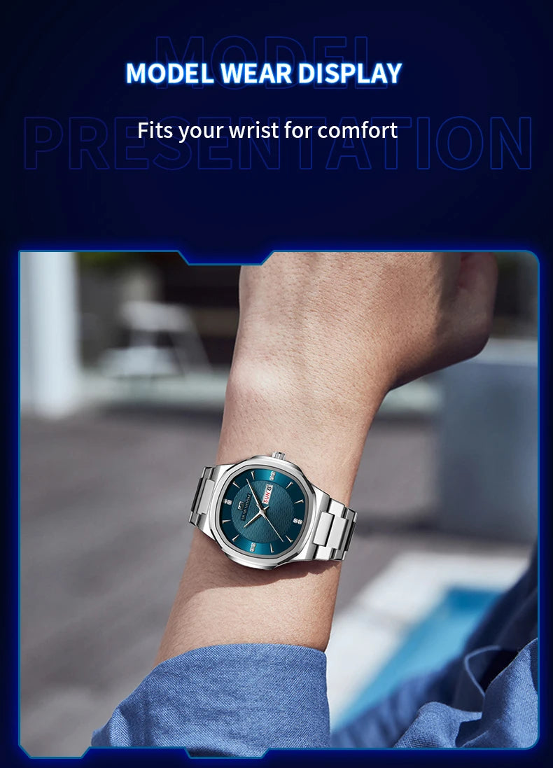 Luxury Diamond Men’s Watch – Stainless Steel Dual Date & Week Display