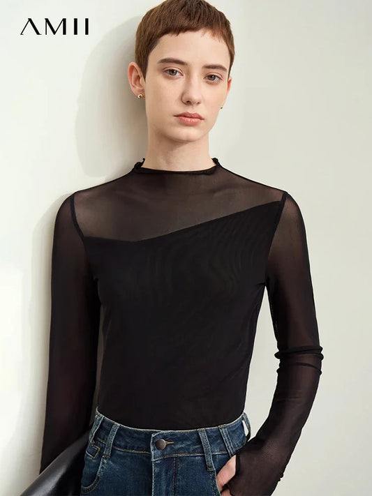 Women’s Mesh Half-High Neck Slim T-Shirt – Retro Office Spring Top