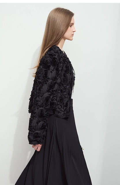 Women’s Elegant Short Jacket – Romantic Flower O-Neck Hook Button Coat
