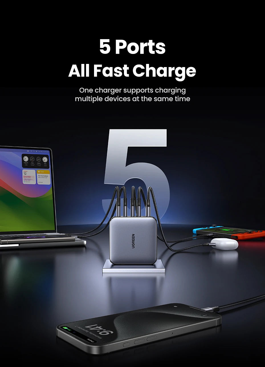 100W GaN Fast Charger – 5-Port USB-C PD QC4.0 Charger Hub