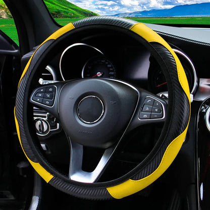 PU Carbon Fiber Leather Steering Wheel Cover 14.5–15 Inch Car Accessory
