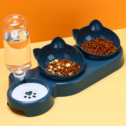 3-in-1 Cat Bowl Set with Tilted Design & Gravity Water Feeder