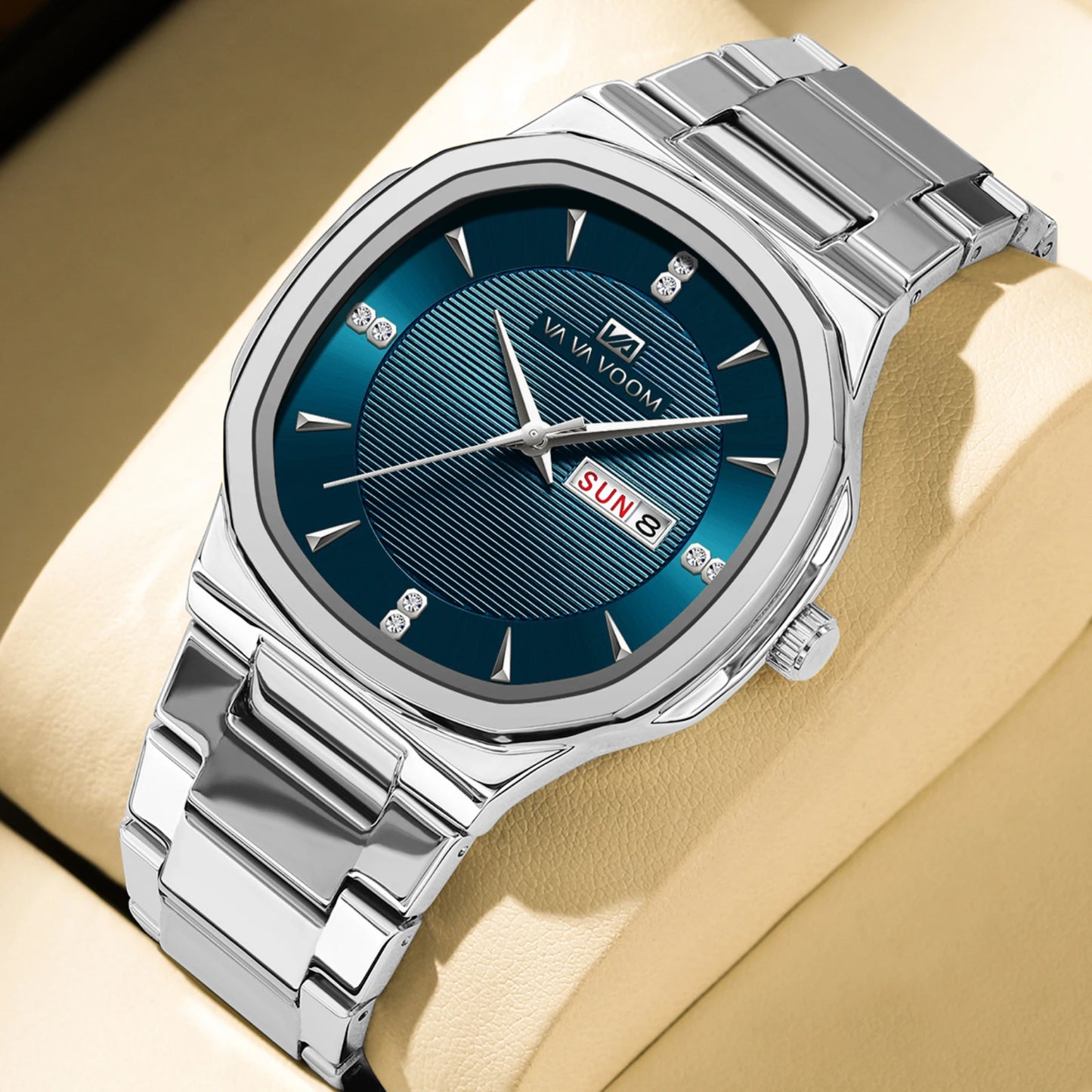 Luxury Diamond Men’s Watch – Stainless Steel Dual Date & Week Display
