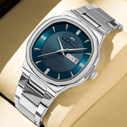 Luxury Diamond Men’s Watch – Stainless Steel Dual Date & Week Display