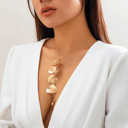 Gold Metal Petal Charm Tassel Necklace – Long Choker for Women