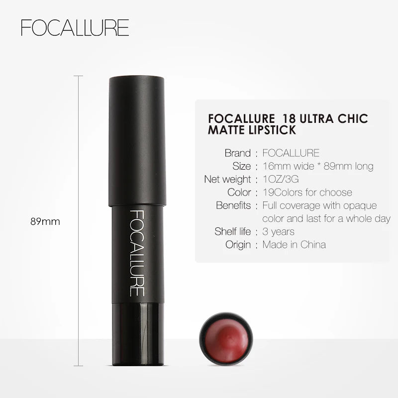 Focallure Waterproof Matte Lipstick – 19 Colors, Soft Texture