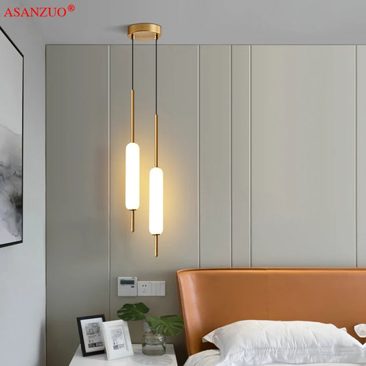 Modern LED Bedside Pendant Light – White Glass Tube, 1/2 Heads