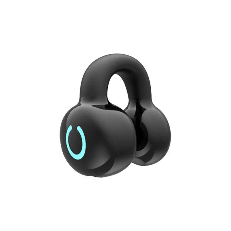 Black wireless earbuds with a blue light on a white background