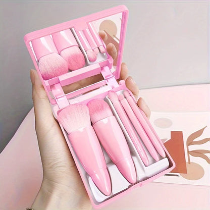 5Pcs Portable Makeup Brush Set with Mirror – Foldable Travel Kit