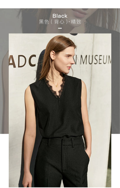Women’s Office Blazer Set – Lace V-Neck Top & High Waist Pants