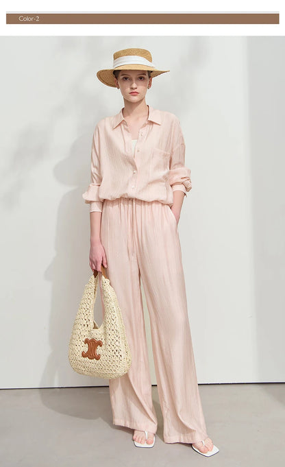 Women’s Casual Shirt & Wide Leg Pants – Spring Basic Separate Set