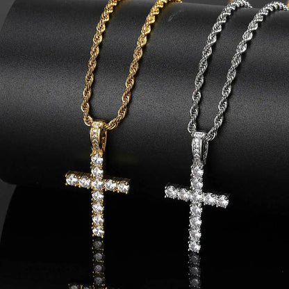 Unisex Gold Iced-Out Hip Hop Cross Pendant Necklace – Statement Chain