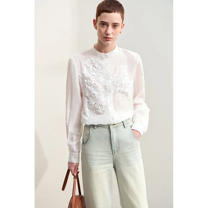 Women’s Autumn Stand Collar Lace Shirt – Elegant Shell Button Blouse