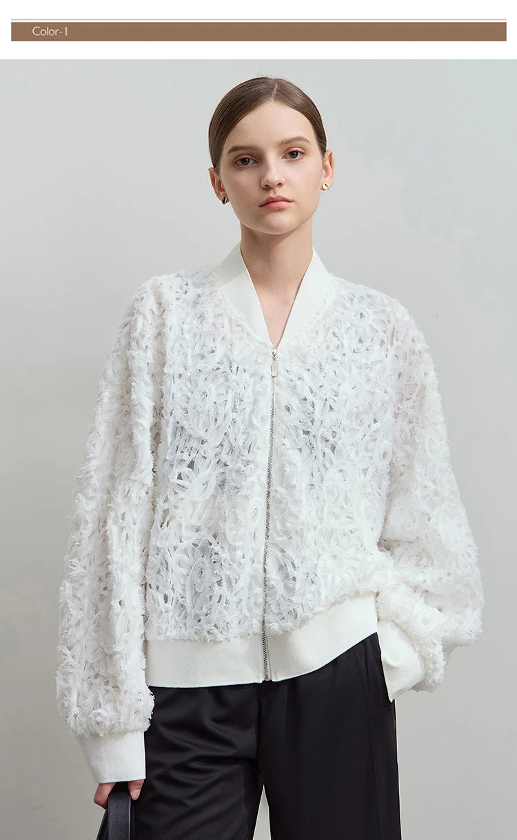 Women’s V-Neck Zipper Jacket – Hollow Flower Loose Casual Top