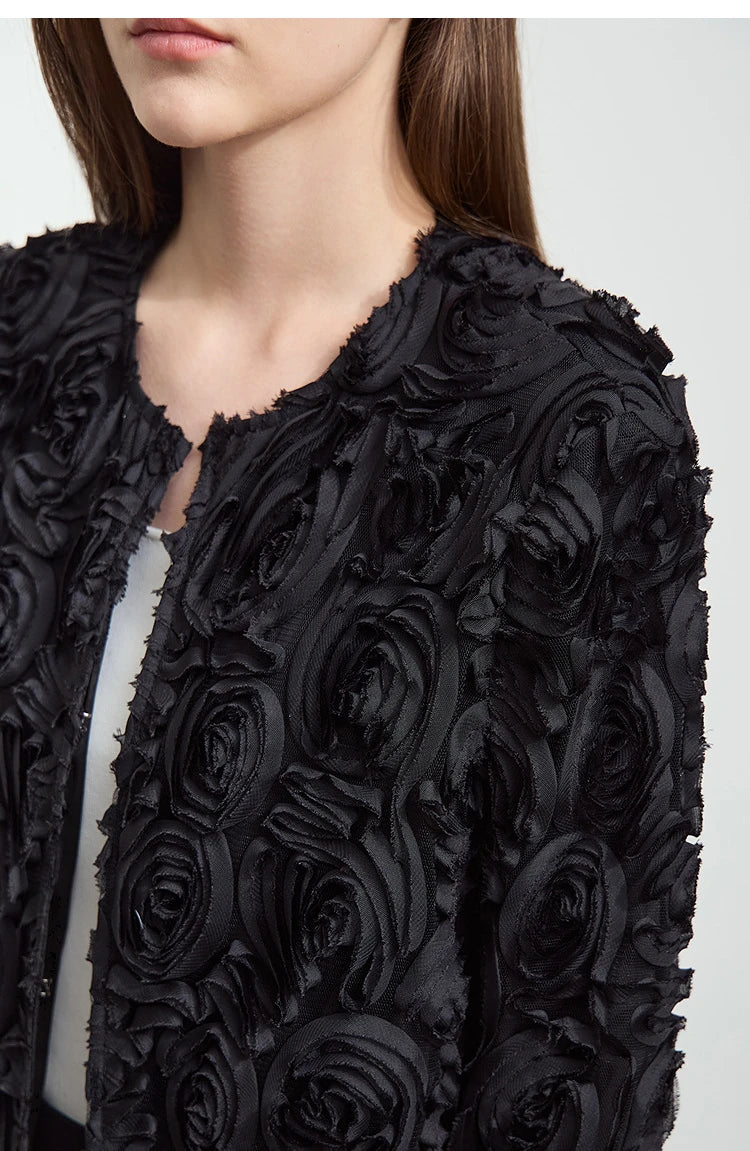 Women’s Elegant Short Jacket – Romantic Flower O-Neck Hook Button Coat