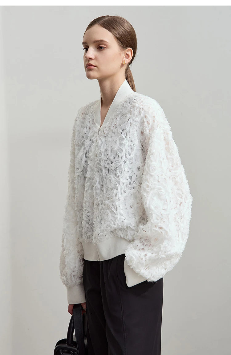 Women’s V-Neck Zipper Jacket – Hollow Flower Loose Casual Top