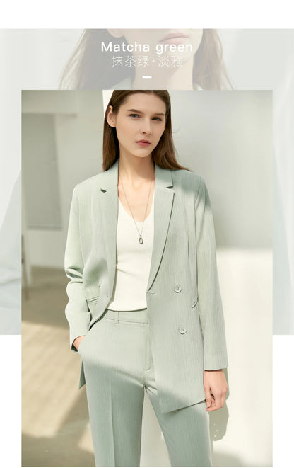 Women’s Office Blazer Set – Lace V-Neck Top & High Waist Pants