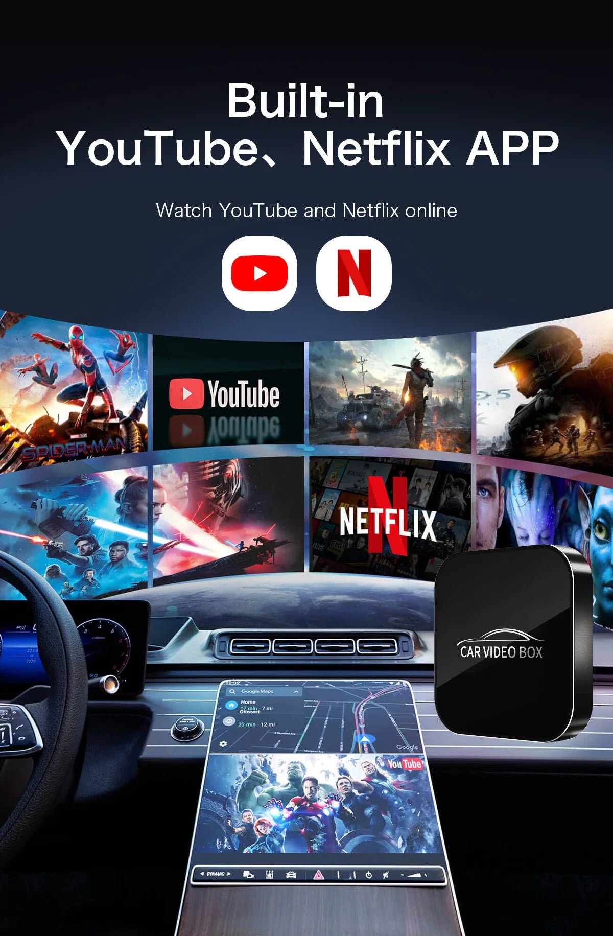 3-in-1 Car Video Smart Box with Android 12, CarPlay & WiFi