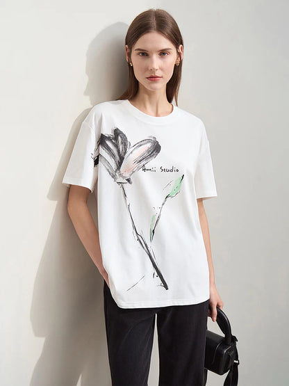 Women’s Summer Ink Art Print T-Shirt – Loose O-Neck Cotton Tee