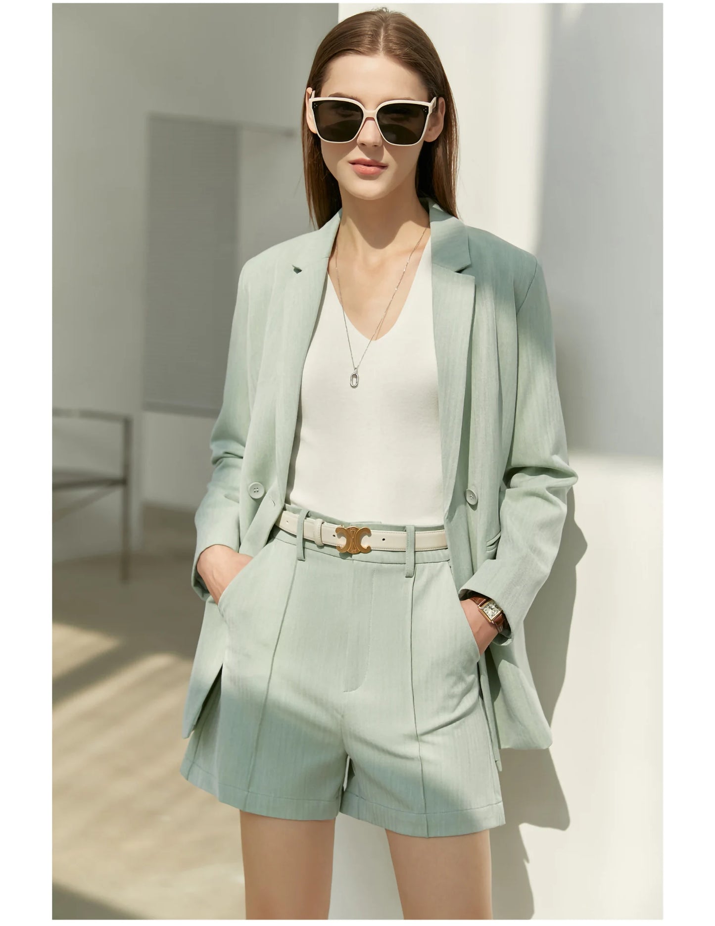 Women’s Office Blazer Set – Lace V-Neck Top & High Waist Pants