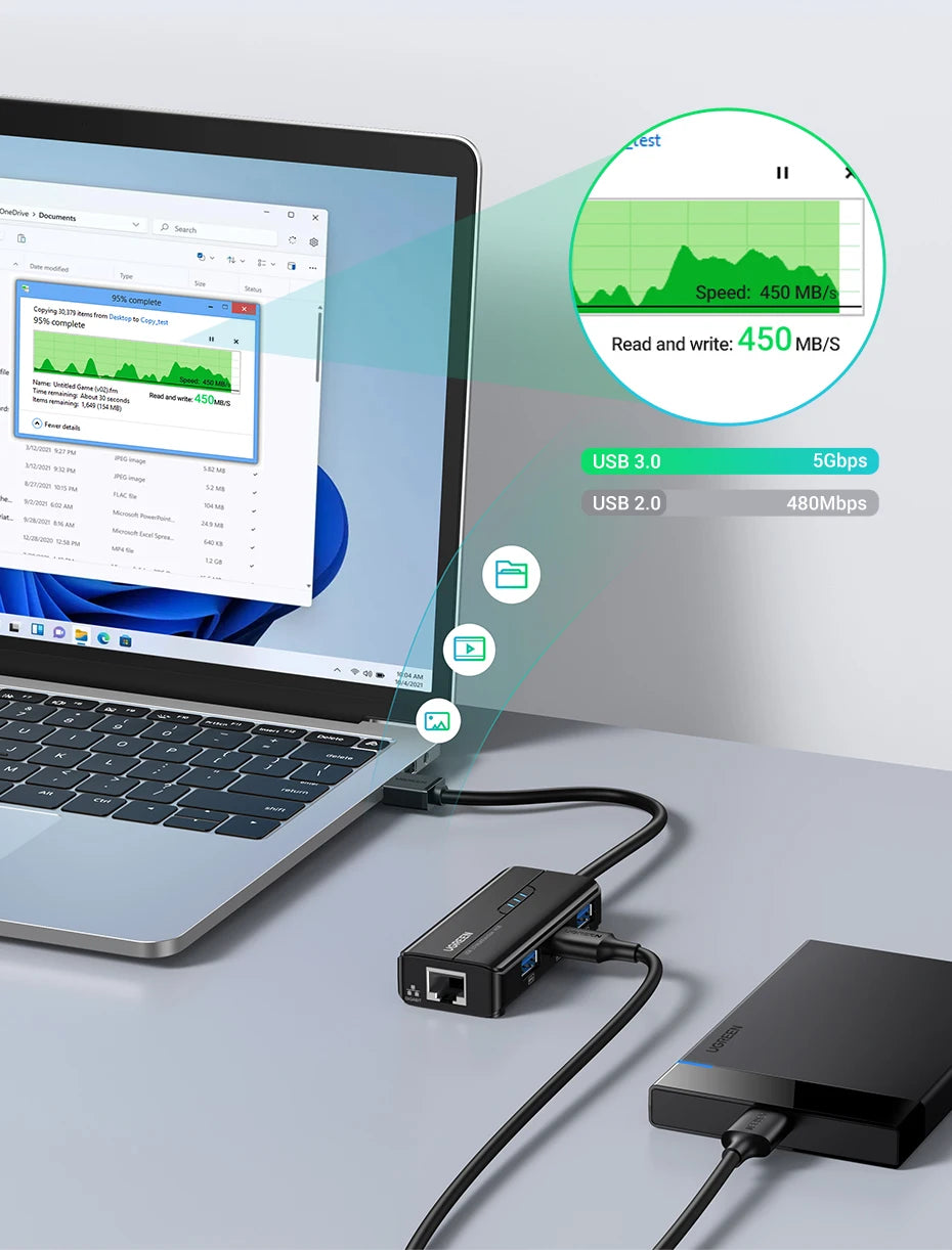 USB 3.0 1000Mbps Ethernet Adapter – RJ45 LAN Network Hub