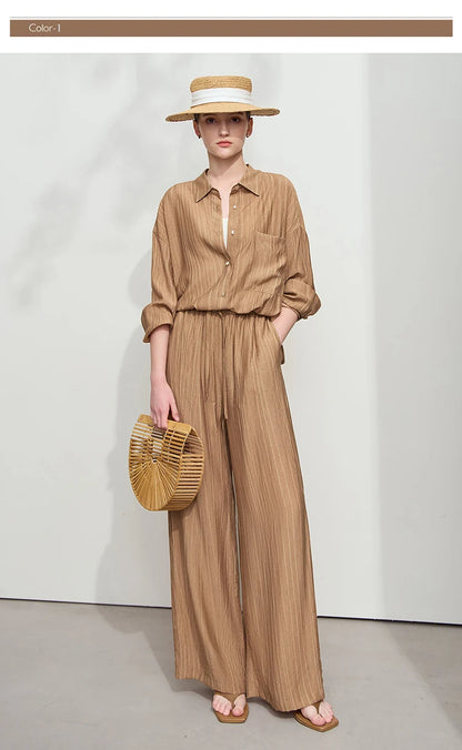 Women’s Casual Shirt & Wide Leg Pants – Spring Basic Separate Set