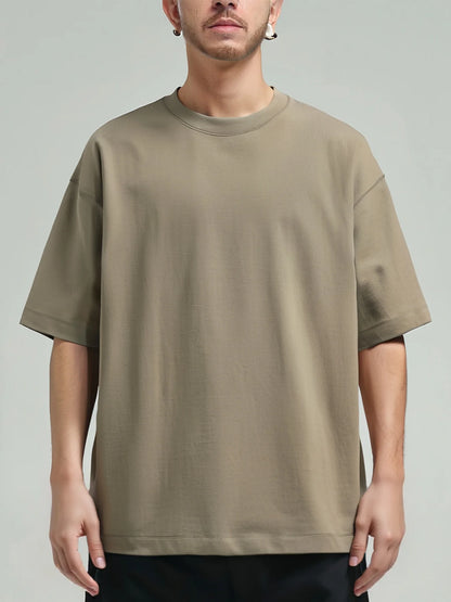 Oversized Heavy Cotton T-Shirt Men Solid Color Drop Shoulder Loose Fit