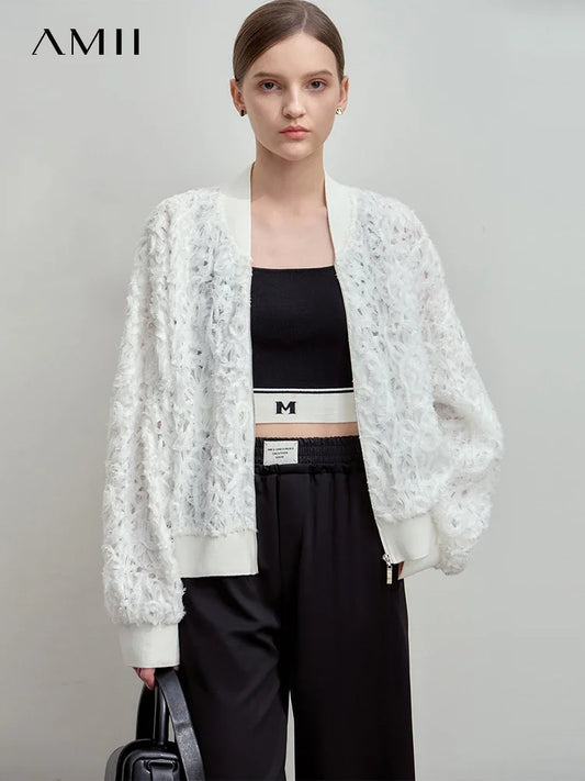 Women’s V-Neck Zipper Jacket – Hollow Flower Loose Casual Top