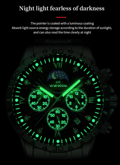 43mm Stainless Steel Men’s Quartz Watch – Diamond Night Glow