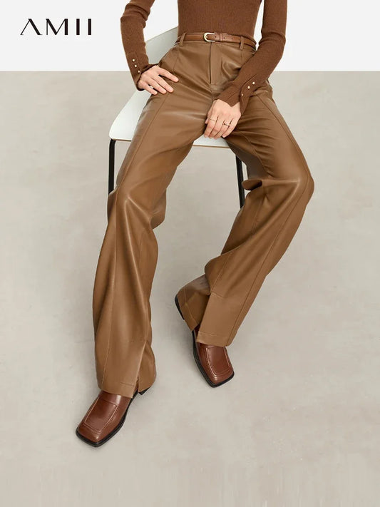 Women’s PU Leather Casual Pants – Loose Straight Floor-Length Trousers