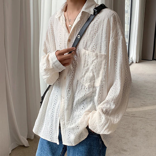 Men’s Apricot Mesh Shirt – Hollow-Out Long Sleeve Vacation Top