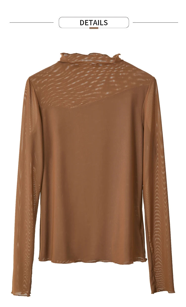 Women’s Mesh Half-High Neck Slim T-Shirt – Retro Office Spring Top