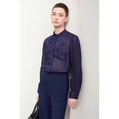 Women’s Autumn Stand Collar Lace Shirt – Elegant Shell Button Blouse