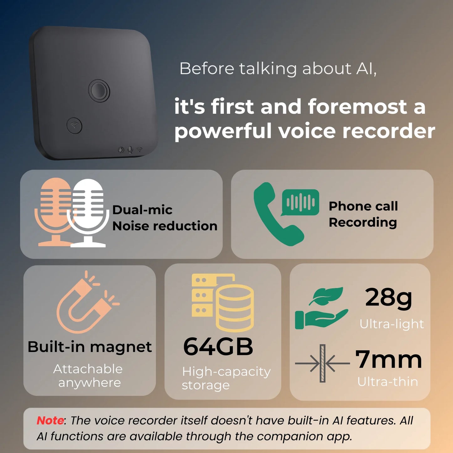 AI Voice & Call Recorder – Speech-to-Text, 64GB, 100 Languages