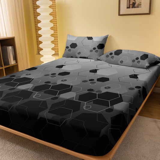 Modern Geometric Printed Fitted Sheet | Matte Bedroom Bed Cover