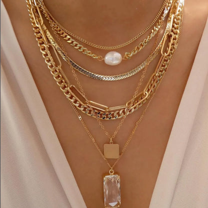 Layered Gold Tone Necklace Set – 5pcs Braided & Beaded Chains