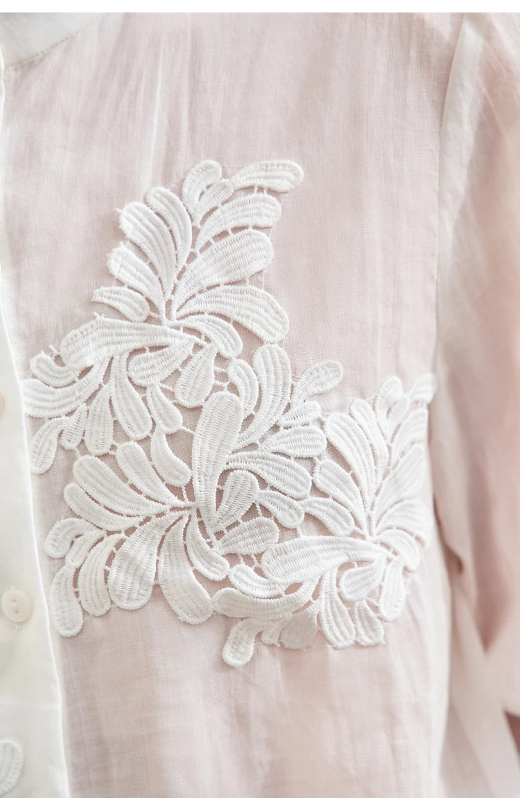 Women’s Autumn Stand Collar Lace Shirt – Elegant Shell Button Blouse