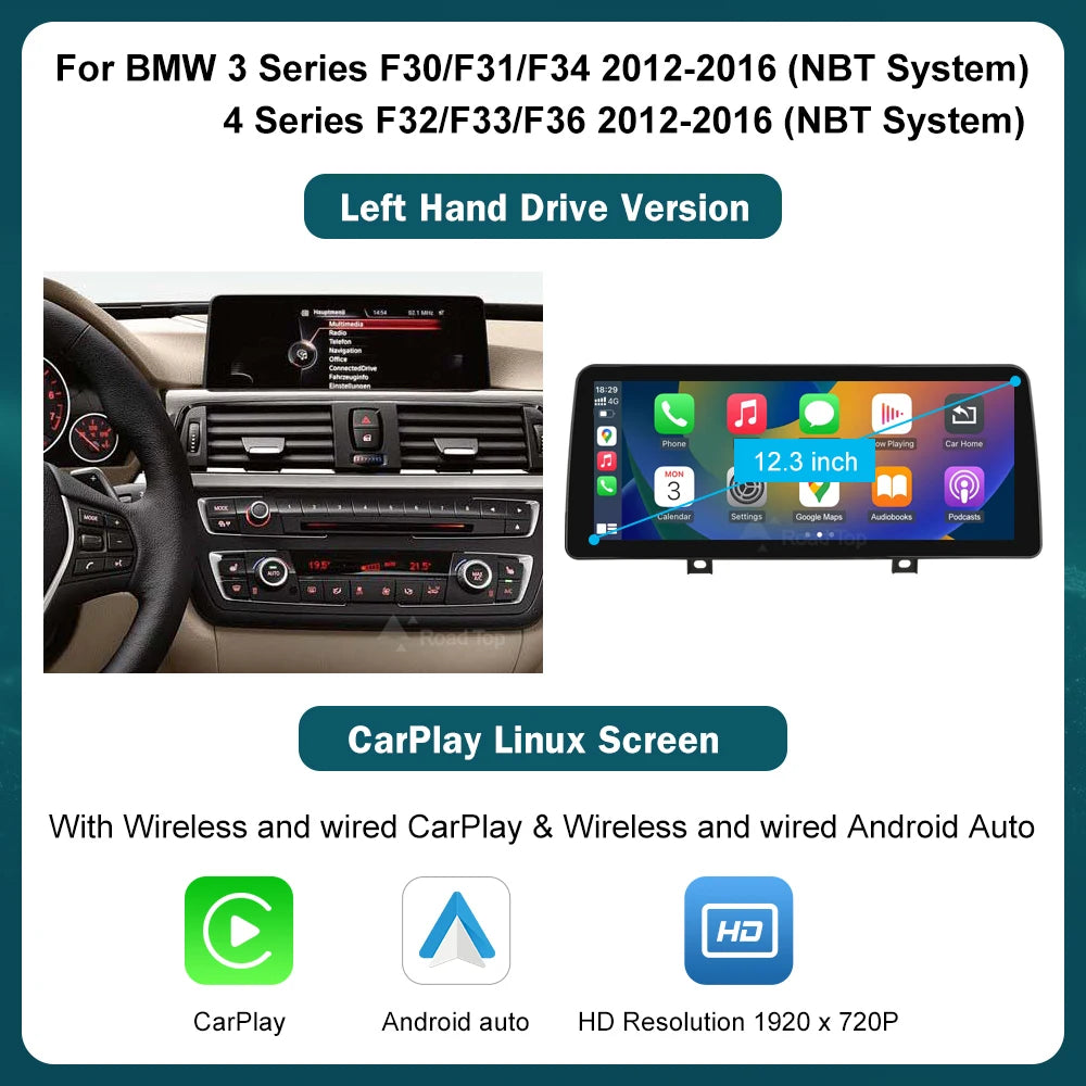 شاشة CarPlay لاسلكية مقاس 10.25 بوصة/12.3 بوصة لسيارات BMW الفئة الأولى إلى الرابعة (F20-F33)