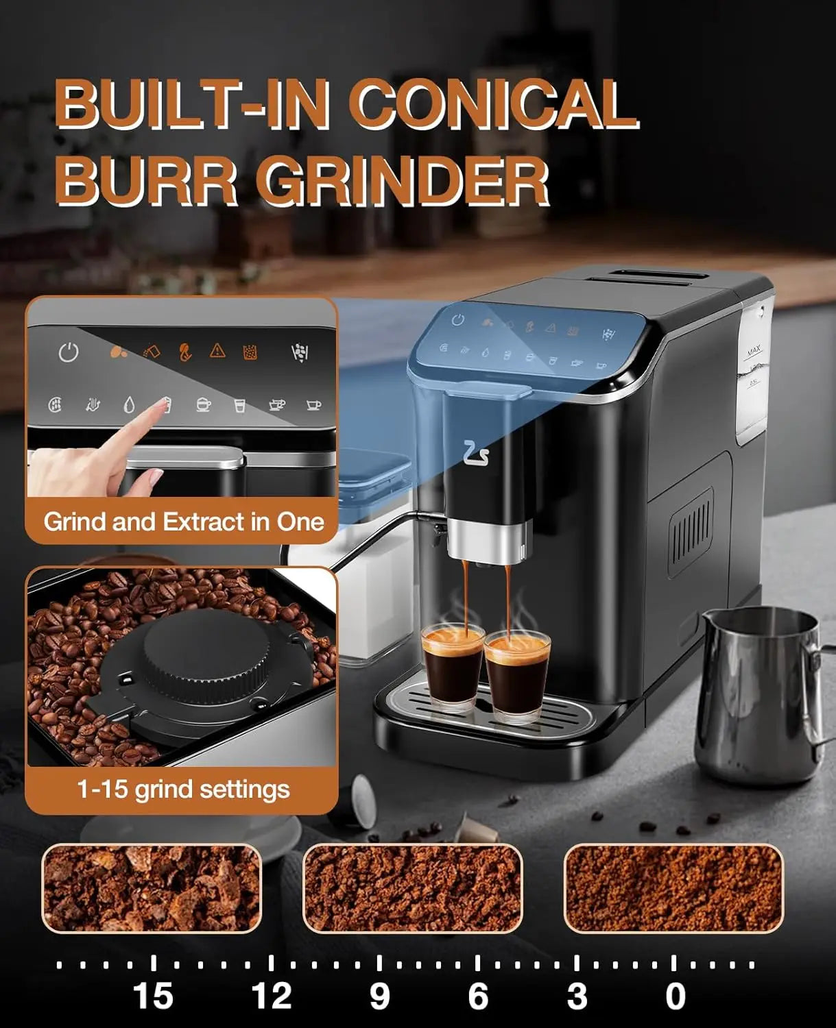 20 Bar Automatic Espresso Machine with Grinder & Milk Frother