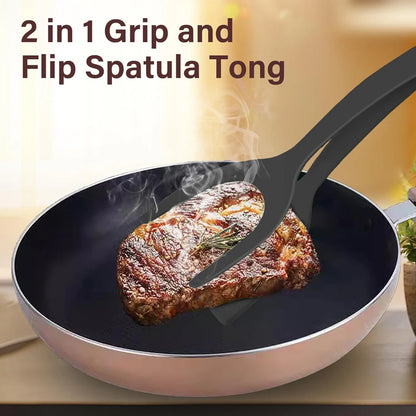 2-in-1 Grip Flip Spatula Tongs - Nylon Non-Stick Egg Flipper for Pancakes, Fish