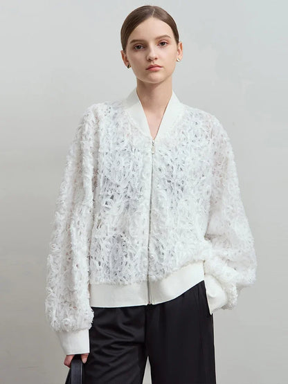 Women’s V-Neck Zipper Jacket – Hollow Flower Loose Casual Top