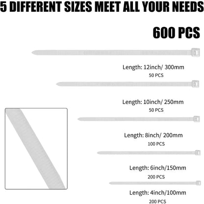 600PCS Nylon Cable Ties Set – Self-Locking Wire Zip Ties (4–12")