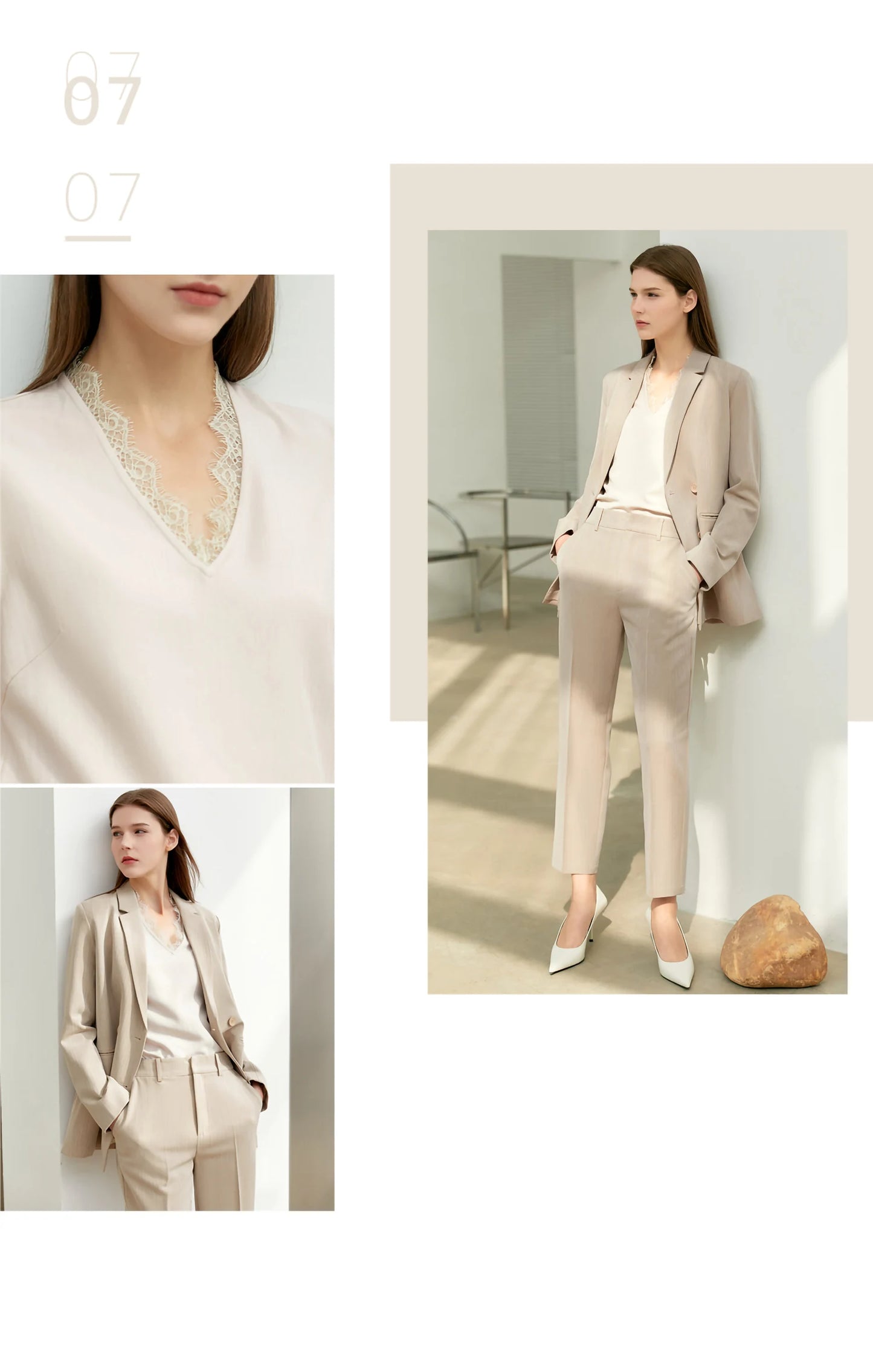 Women’s Office Blazer Set – Lace V-Neck Top & High Waist Pants