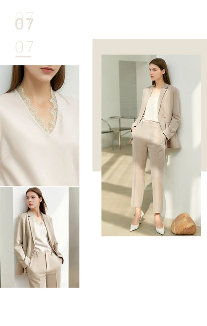 Women’s Office Blazer Set – Lace V-Neck Top & High Waist Pants