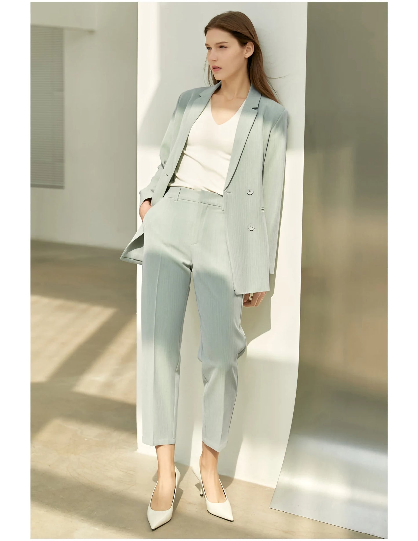 Women’s Office Blazer Set – Lace V-Neck Top & High Waist Pants