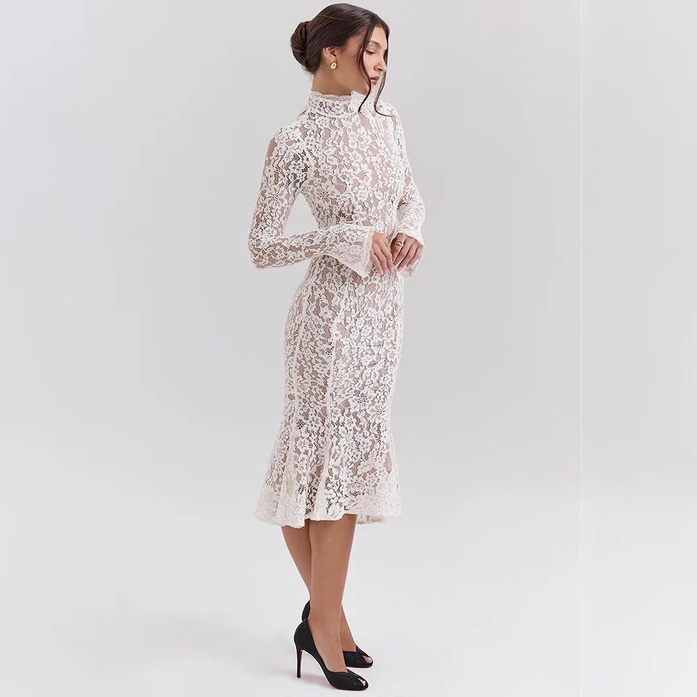 Women’s Elegant Lace Bodycon Dress – Long Sleeve Fishtail Evening Dress