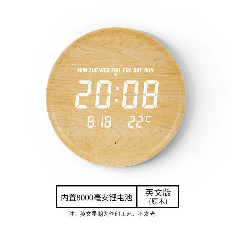 Round Wooden LED Digital Wall Clock – Silent & Modern Display