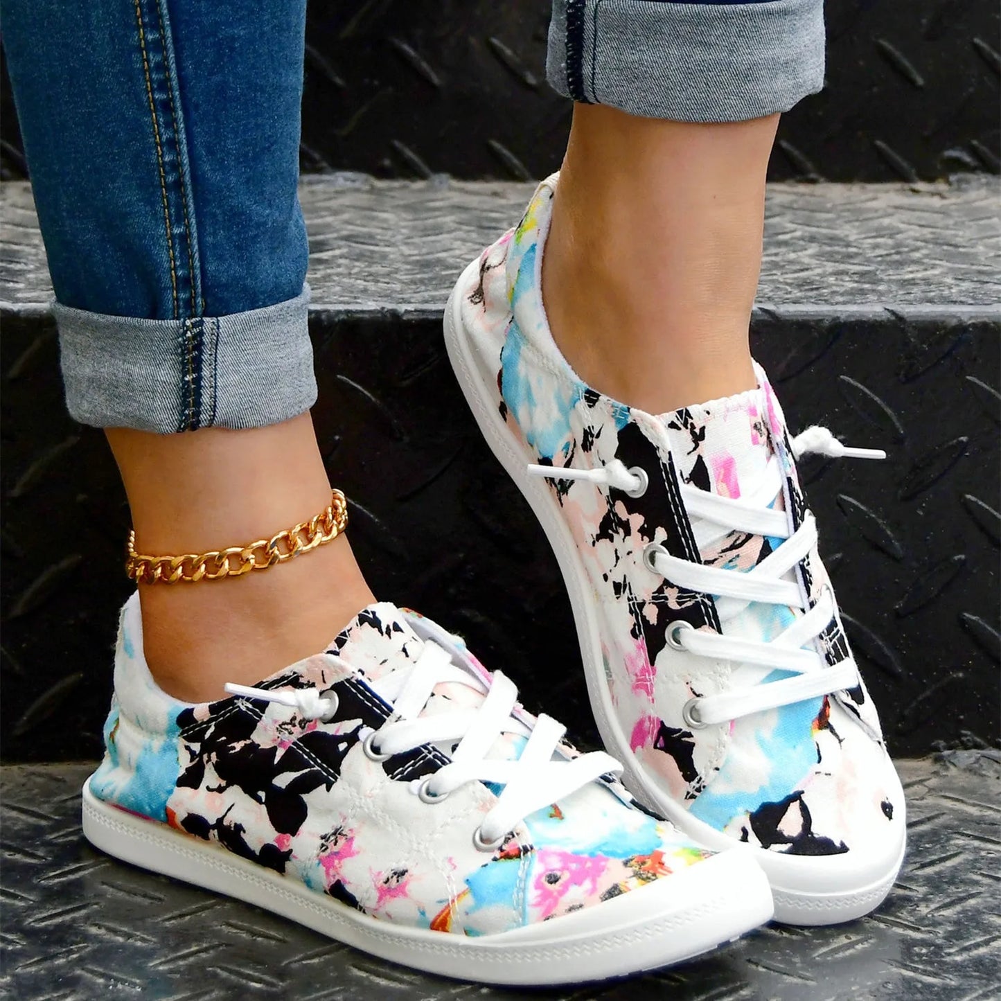 Women’s Floral Lace-Up Sneakers – Lightweight Casual Flat Shoes